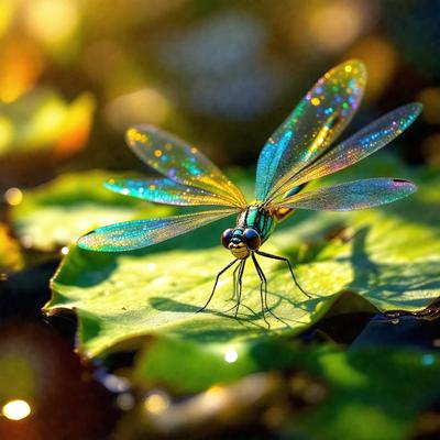 The primary subject of the image is a dragonfly perched on a leaf in a pond. The setting is a pond with green leaves surrounding the dragonfly. The visual style is a photo of the dragonfly in its natural habitat. The colors and mood of the image are vibrant and serene, with the dragonfly being the focal point of the scene.
